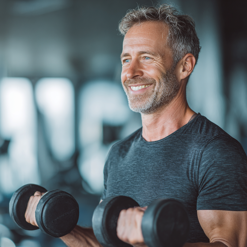 Чоловік 55 років виконує силові вправи з гантелями в сучасному тренажерному залі, посміхається та демонструє відмінну фізичну форму