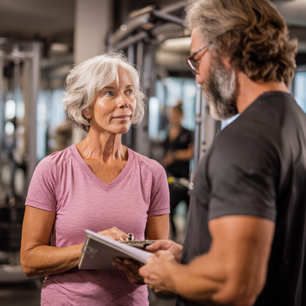 Жінка 60 років проходить консультацію з персональним тренером у фітнес-центрі, обговорюють індивідуальну програму тренувань