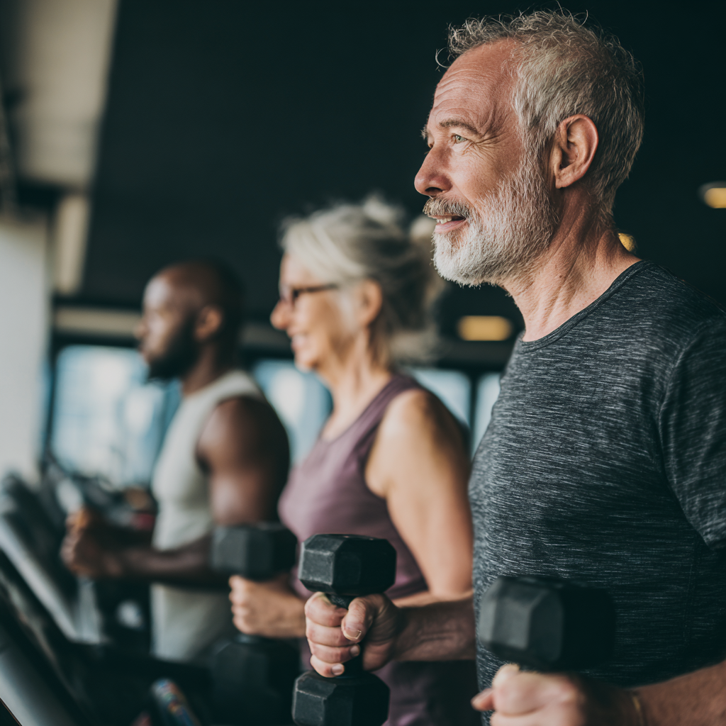 Група людей віком 50-60 років виконує різні типи вправ: силові тренування з гантелями, кардіо на біговій доріжці та функціональні рухи