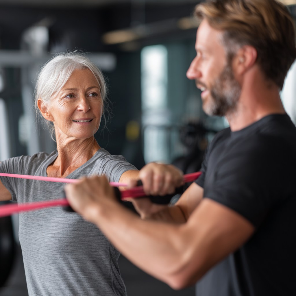 Персональний тренер працює з жінкою 58 років, показуючи правильну техніку виконання вправ з еластичною стрічкою у світлому фітнес-залі